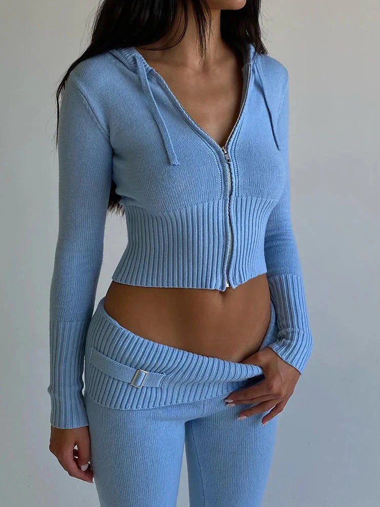 Design sense Solid Knitted 2 Piece Sets Women Tracksuit Long Sleeve Zipper Hooded Sweater Jackets Crop Top Flare Pants Stretchy Matching Suit