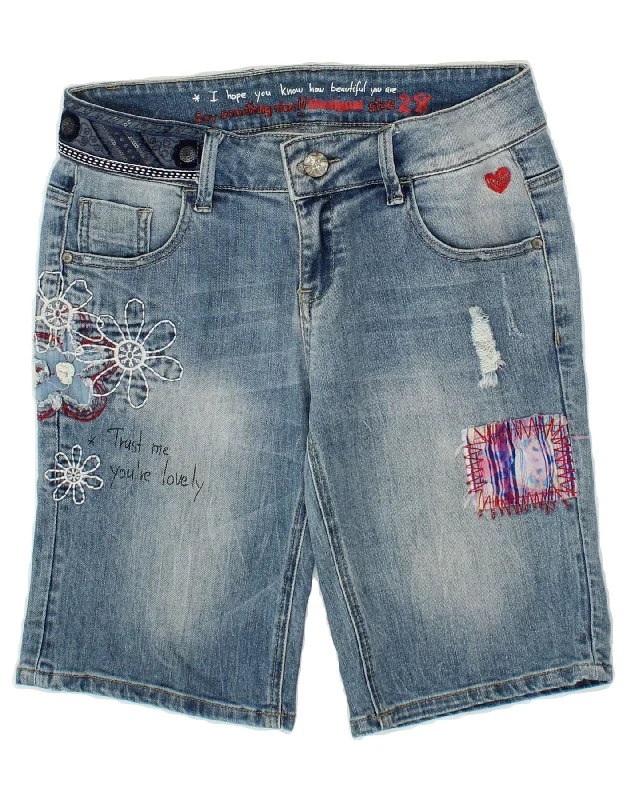 Versatile Itinerary DESIGUAL Womens Graphic Denim Shorts W28 Medium Blue Patchwork Cotton Versatile Itinerary DESIGUAL Womens Graphic Denim Shorts W28 Medium Blue Patchwork Cotton