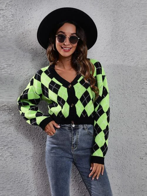 Trendy Items Argyle Print Button Up Long Sleeve Cropped Cardigan | 4 Colors