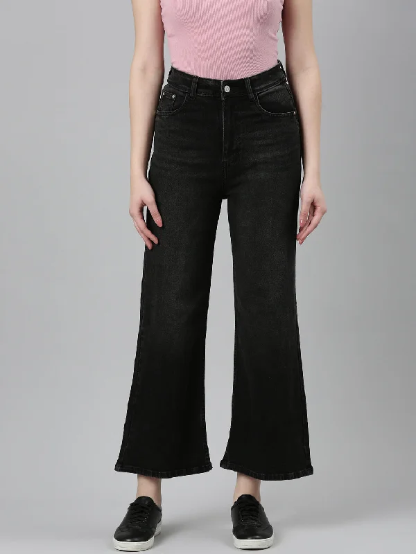 Fresh And Natural Women Charcoal Solid Wide Leg Denim Jeans