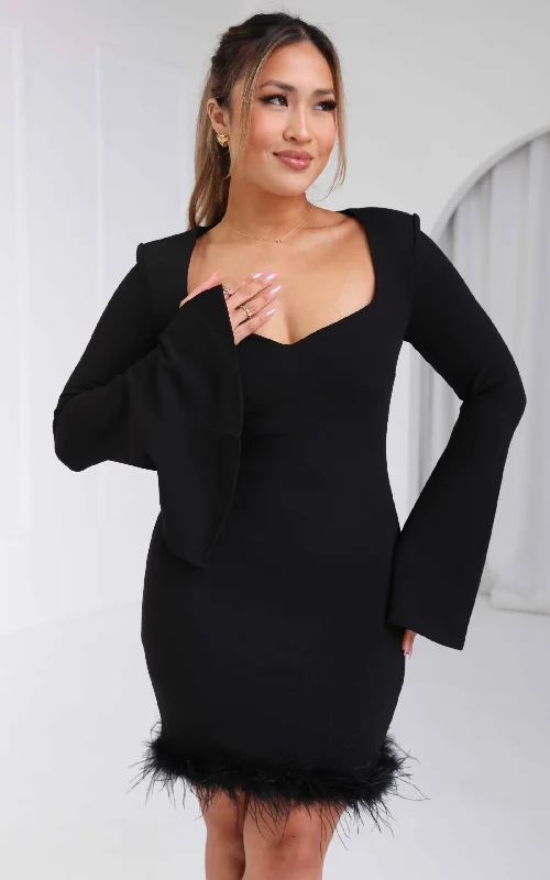 Cool Style Oscar Feather Trim Mini Dress - Black