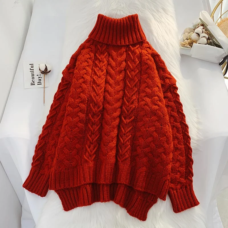 Sweet Girl Red high neck twist sweater women's loose and lazy style  4911