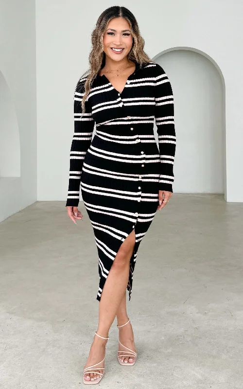 Fresh And Fashionable Sidney Knit Midi Dress - Black Beige Stripes