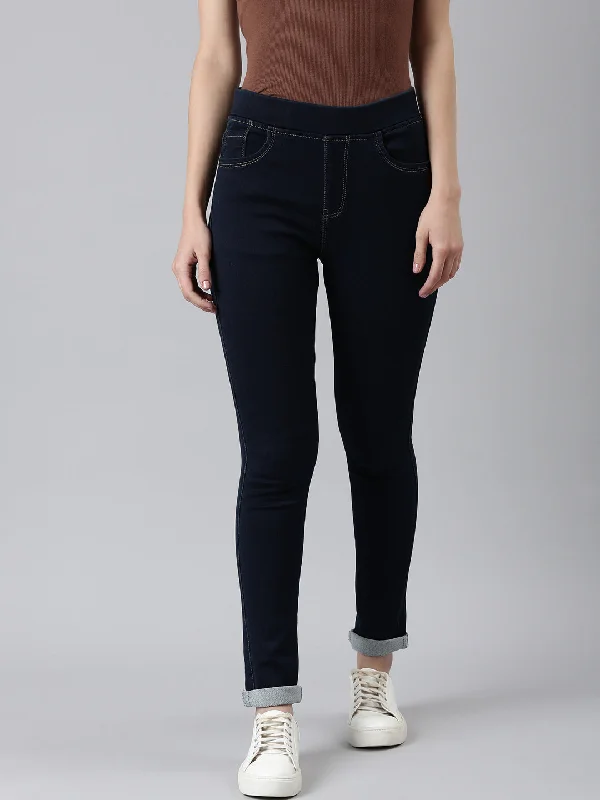 Warm And Comfortable Women Navy Blue Solid Skinny Fit Denim Jeans
