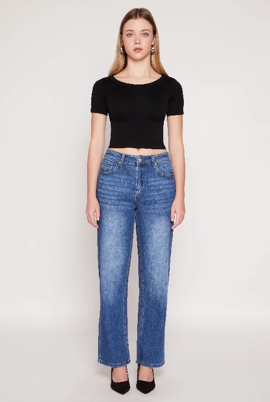 Simple Solid Color WAX Whiskered Wide Leg Jeans