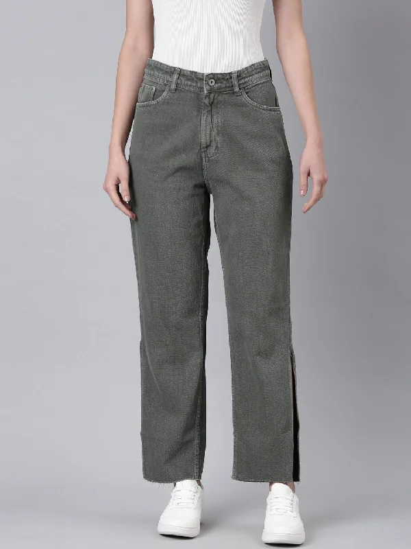 Summer Selection Women Olive Solid Wide Leg Denim Jeans