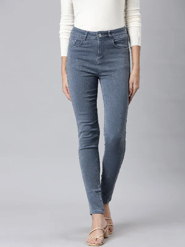 Street Style Women Grey Solid Skinny Fit Denim Jeans