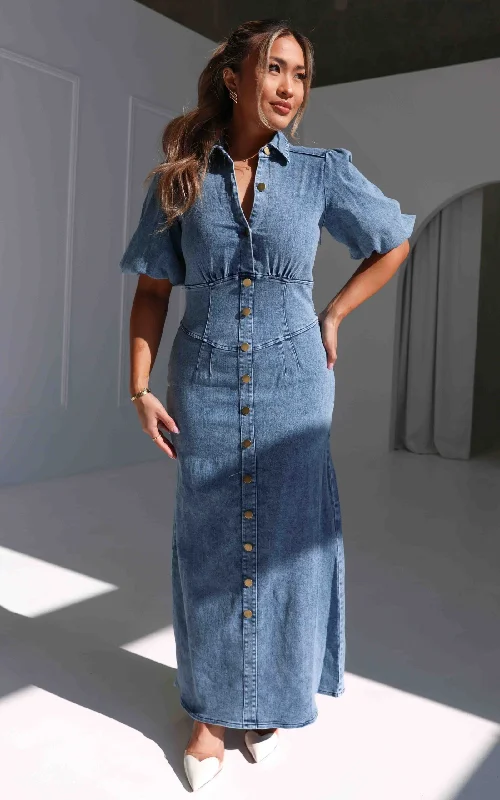 High-end Fashion Sorrel Denim Maxi Dress - Blue