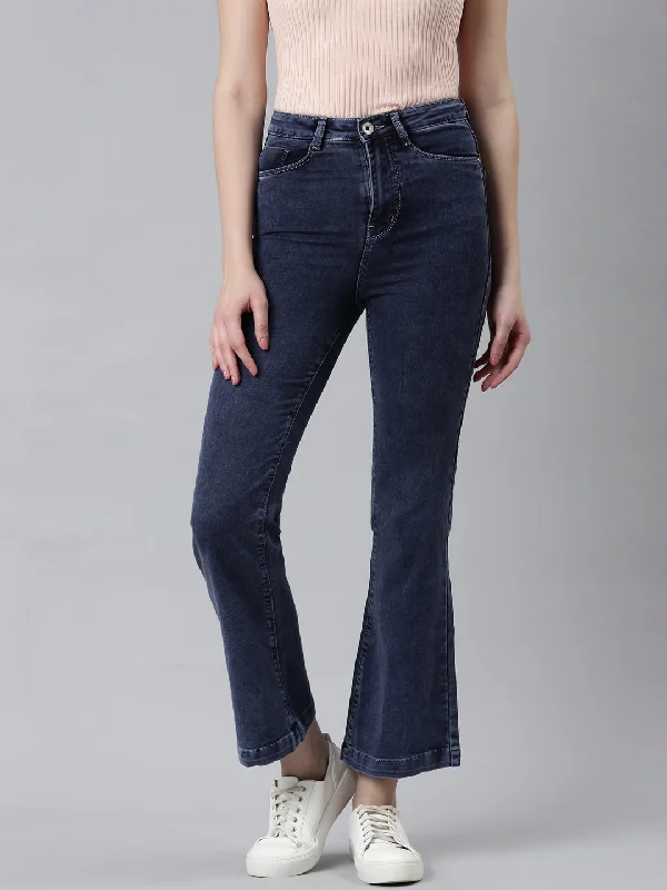 Sports And Leisure Women Navy Blue Solid Flared Denim Jeans
