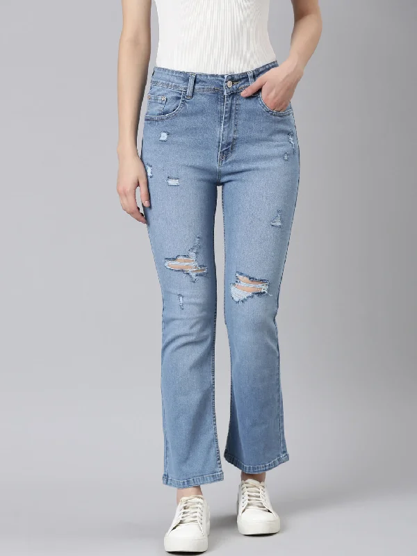 Luxury Temperament Women Blue Solid Flared Denim Jeans