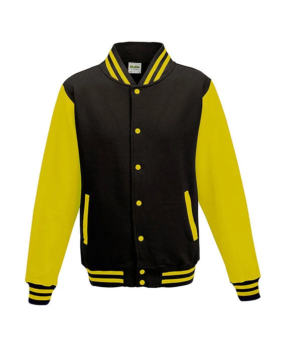 Designer Style JHA043 - Just Hoods By AWDis Mens Heavyweight Letterman Jacket | Jet Black/Sun Yellow Designer Style JHA043 - Just Hoods By AWDis Mens Heavyweight Letterman Jacket | Jet Black/Sun Yellow
