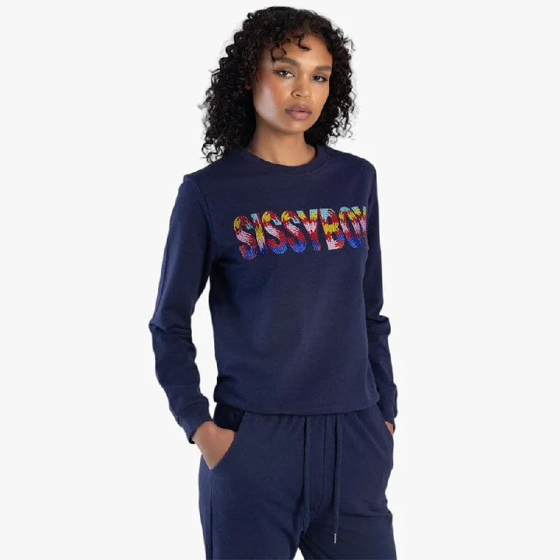 Light And Breathable Sissy Boy Womens Colourful Bling Logo Sweater Navy