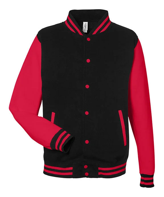 French Style JHA043 - Just Hoods By AWDis Mens Heavyweight Letterman Jacket | Jet Black/Fire Red French Style JHA043 - Just Hoods By AWDis Mens Heavyweight Letterman Jacket | Jet Black/Fire Red
