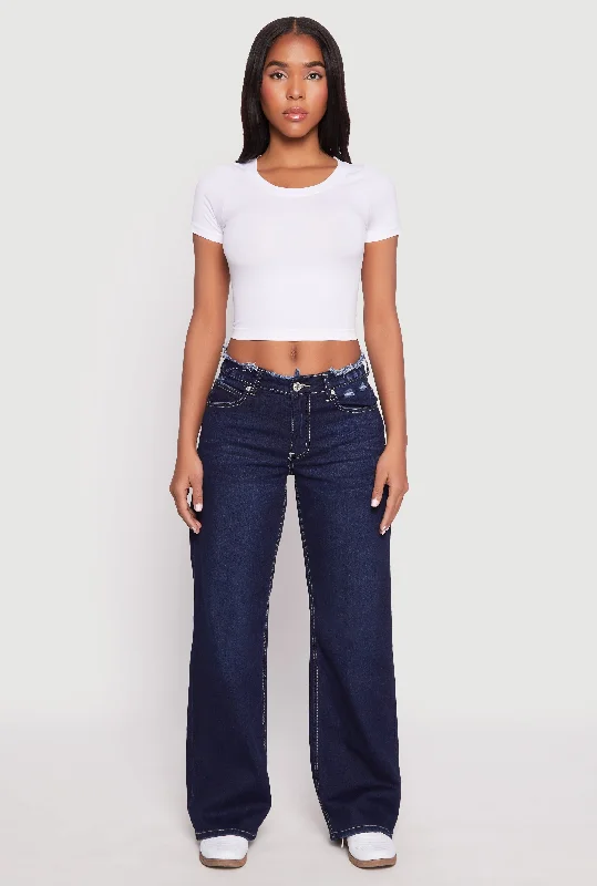 Fashion Style VIP Frayed Waist Wide Leg Jeans