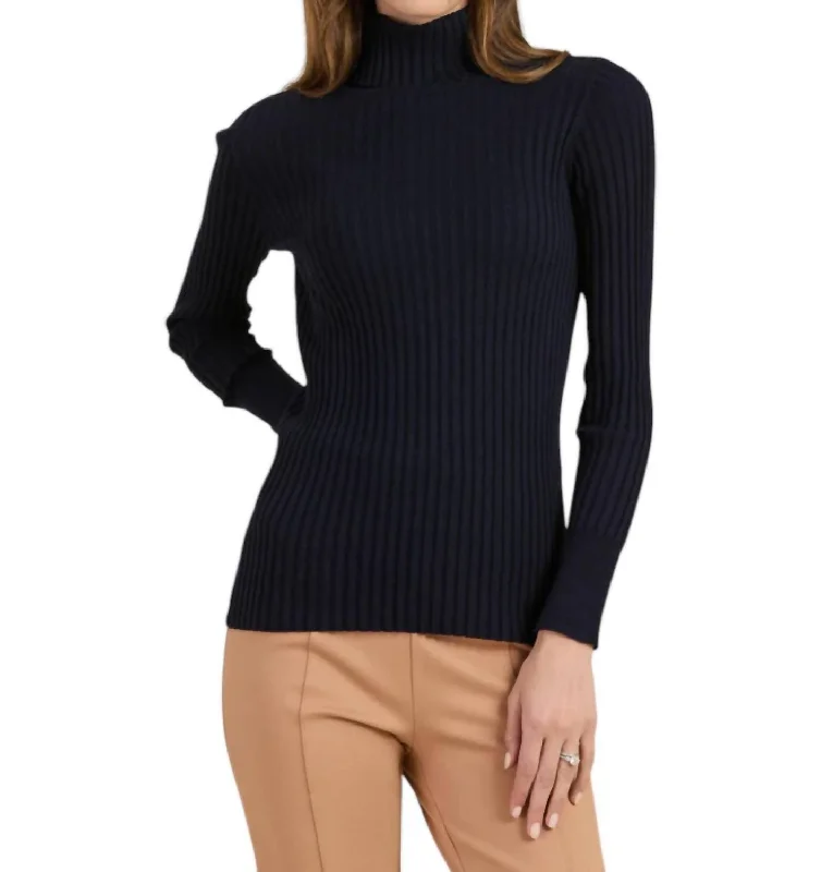 Multifunctional Style Cotton Cashmere Rib Turtleneck Sweater In Black