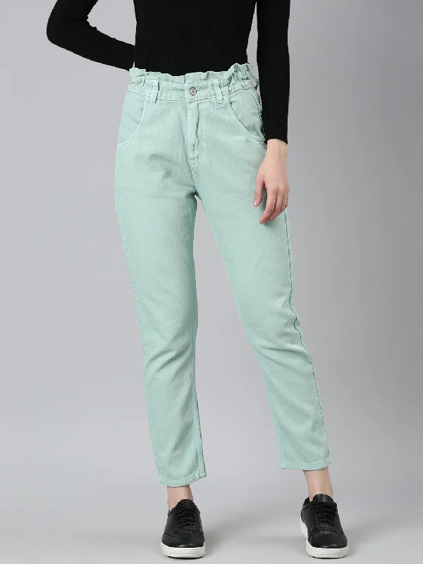Casual Style Women Sea Green Solid Regular Fit Denim Jeans