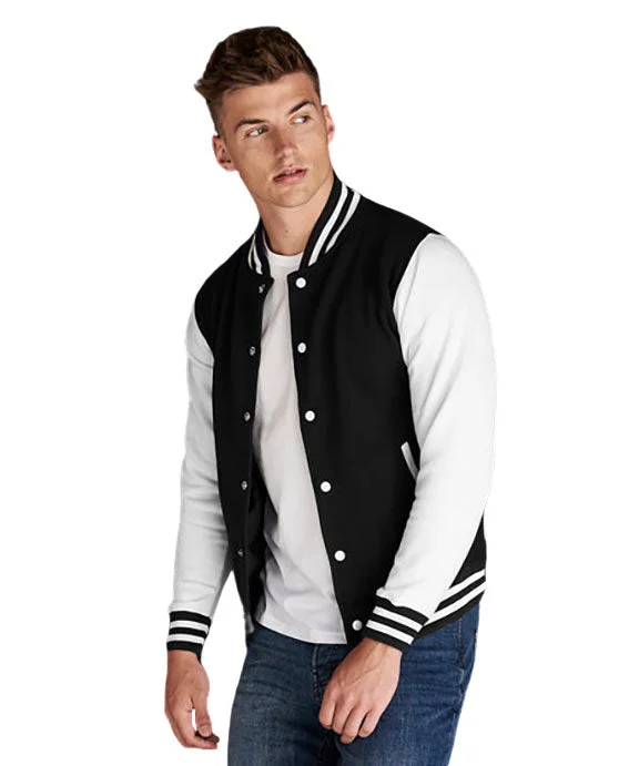 Simple Solid Color JHA043 - Just Hoods By AWDis Mens Heavyweight Letterman Jacket | Jet Black/White Simple Solid Color JHA043 - Just Hoods By AWDis Mens Heavyweight Letterman Jacket | Jet Black/White