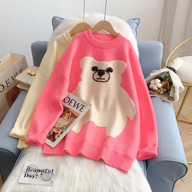 Breathable Style Pink cute bear sweater women's sweet sweater top  4930