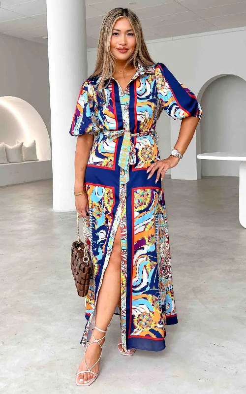 Unique prints Augustine Short Sleeve Maxi Dress -  Navy Multi Print