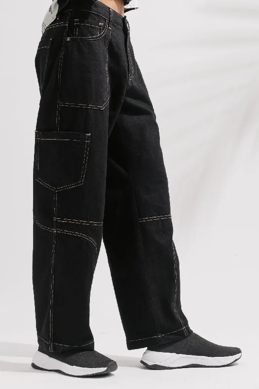 Sports Series Black Contrast Seam Men's Cargo Jeans