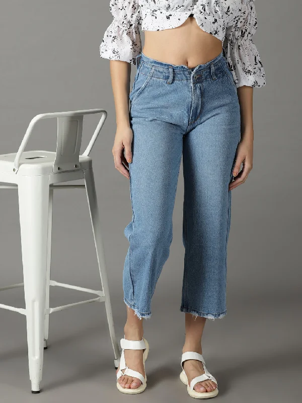 Design Trend Women's Blue Solid Wide Leg Denim Jeans