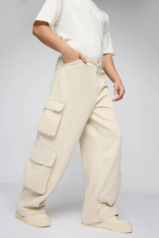 Celebrity Style Ecru Outlaw Men's Wide Leg Cargo Jeans