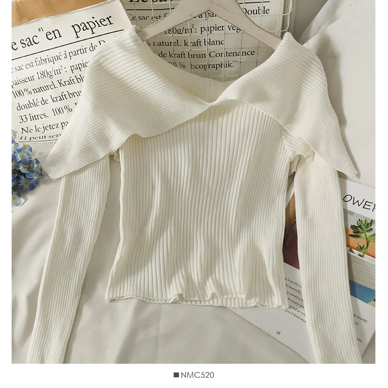 Comfortable And Cold-proof French minority design, one line shoulder with clavicle exposed, short long sleeve T-shirt 2083 Comfortable And Cold-proof French minority design, one line shoulder with clavicle exposed, short long sleeve T-shirt 2083