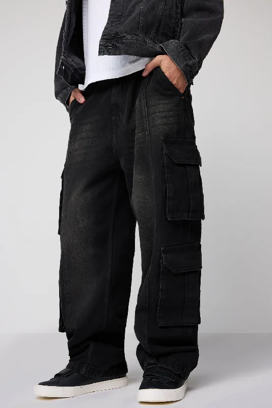 High Street Series Panther Black Men's Baggy Utility Cargo Jeans