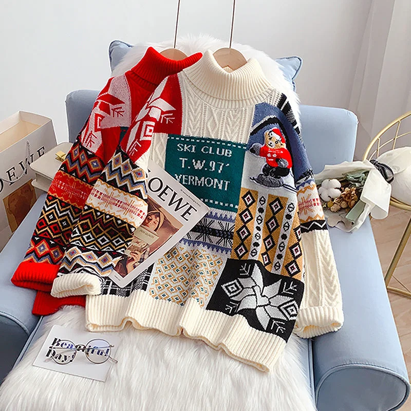 Avant-garde trend Christmas sisters high neck sweater new Knitted Top  4924