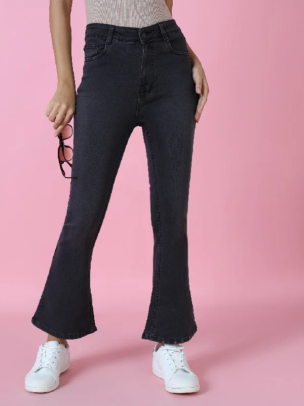 Sports Zipper Style Women Grey Solid Flared Denim Jeans