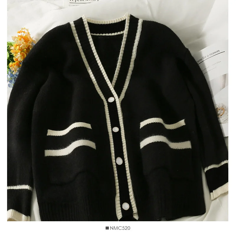 Minimal Style Sweater women's new striped loose thin single breasted sweater  2073