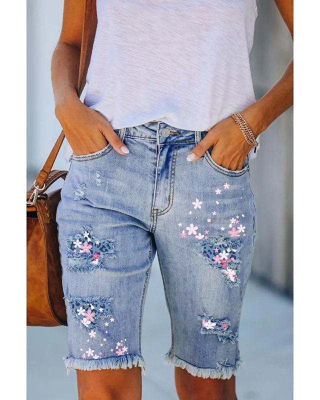 Minimal Style Azura Exchange Leopard Patchwork Distressed Denim Shorts - 2XL