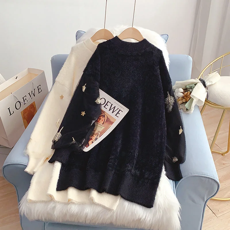 Casual Chic Imitation mink soft waxy sweater dress loose lazy style  4938