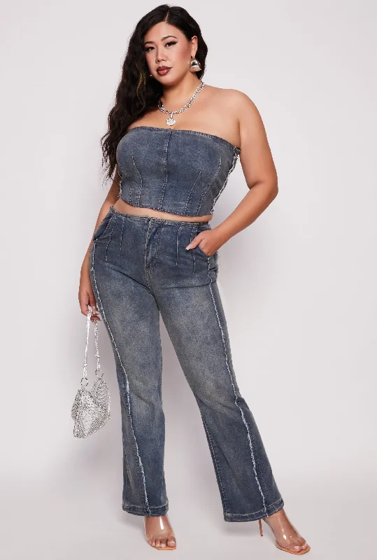 Customized Version Plus Size Frayed Trim Flare Jeans
