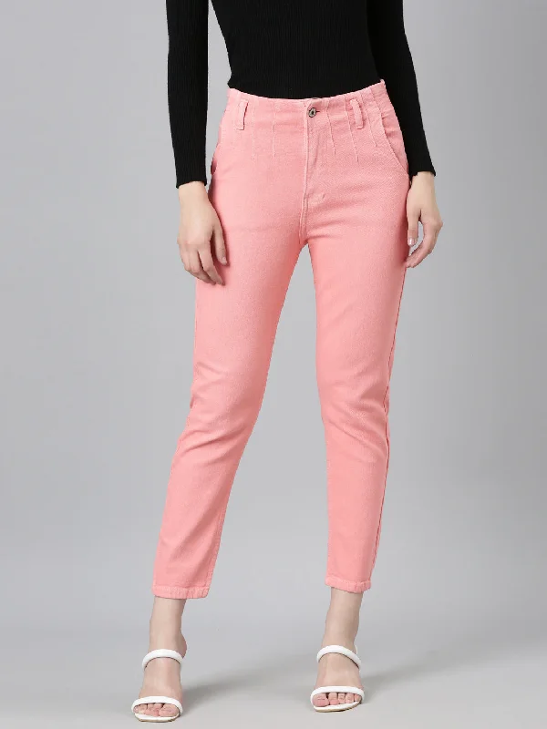 Ultra-lightweight Women Coral Solid Mom Fit Denim Jeans