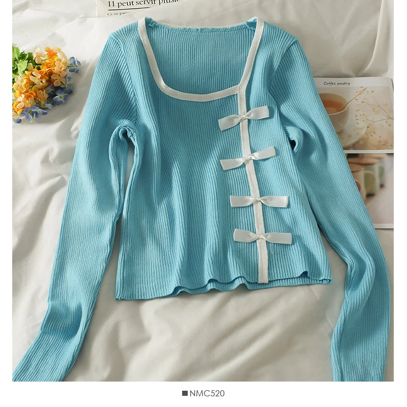 Personalized Design Color matching bow decoration slim long sleeve sweater  2076