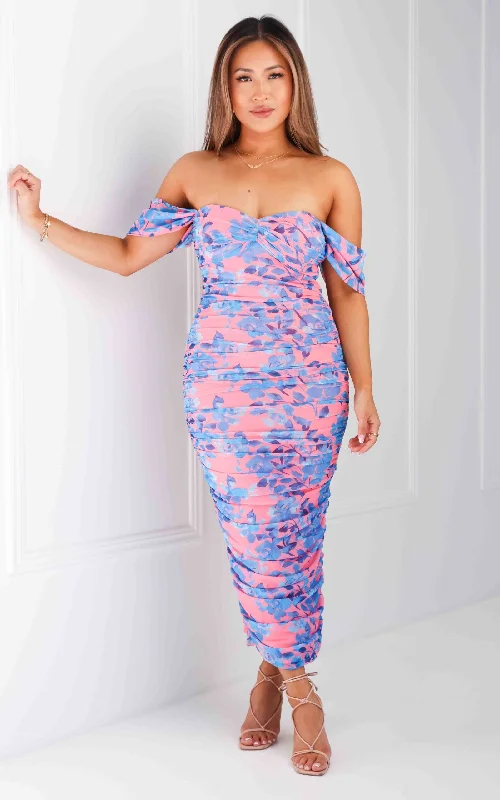 Quality Tailoring Jalvina Mesh Midi Dress - Pink Blue Floral