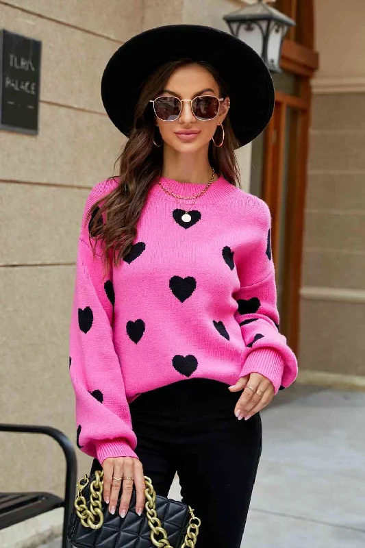 Simple Elegance Wild at Heart Pattern Lantern Sleeve Round Neck Tunic Sweater | 3 Colors