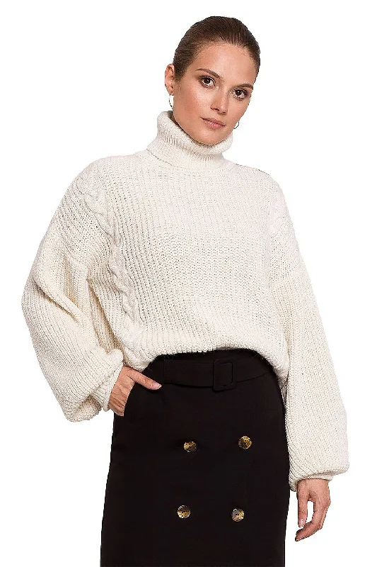 Sporty Elegance Oversized Turtleneck Bishop Sleeve Sweater Jumper in Ivory | Makover