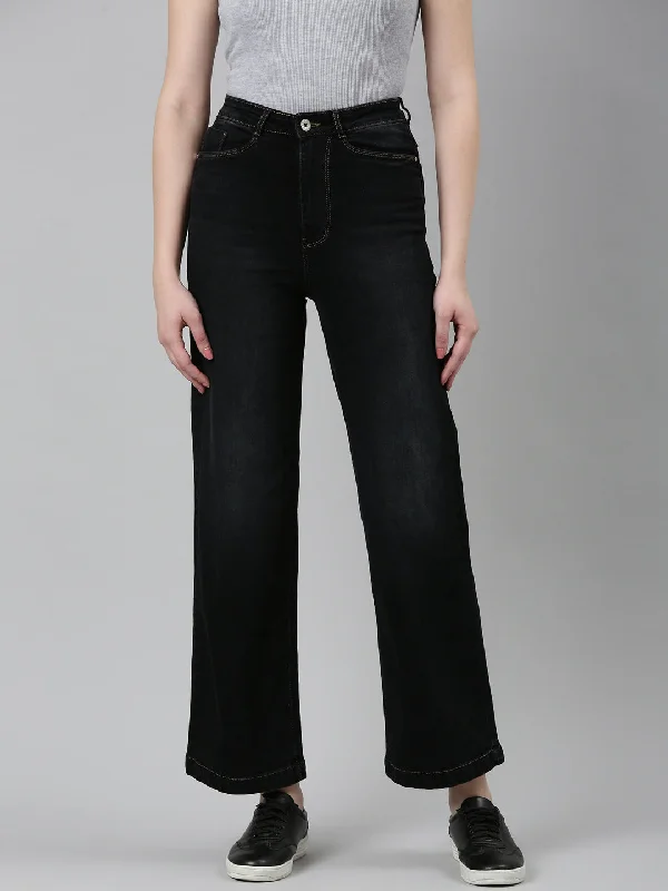 Embroidered Letters Women Black Solid Wide Leg Denim Jeans