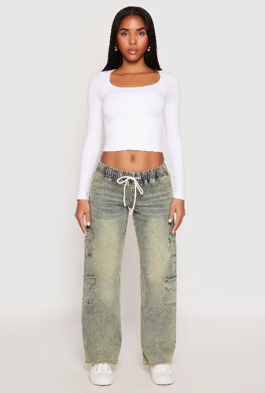 Girl Style VIP Acid Wash Elastic Waist Cargo Jeans