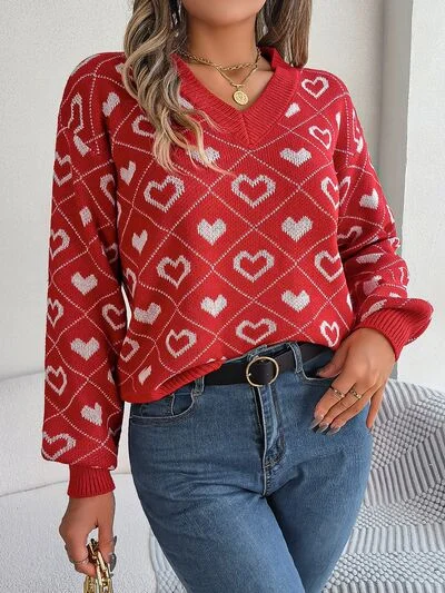 Luxury Fashion Mabel Heart Pattern V-Neck Long Sleeve Graphic Sweater | 3 Colors | Poundton