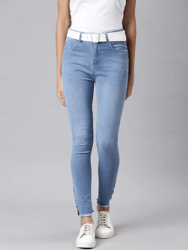 Embroidery Design Women Blue Solid Skinny Fit Denim Jeans