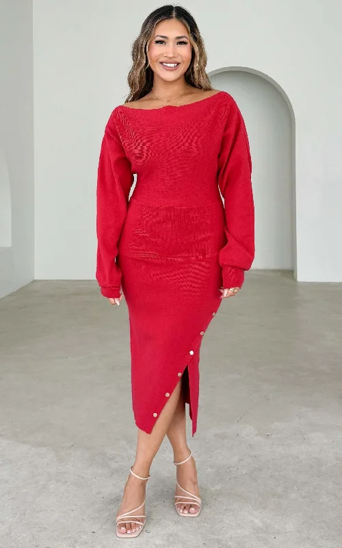 Floral Prints Pierre Knit Midi Dress - Lipstick Red
