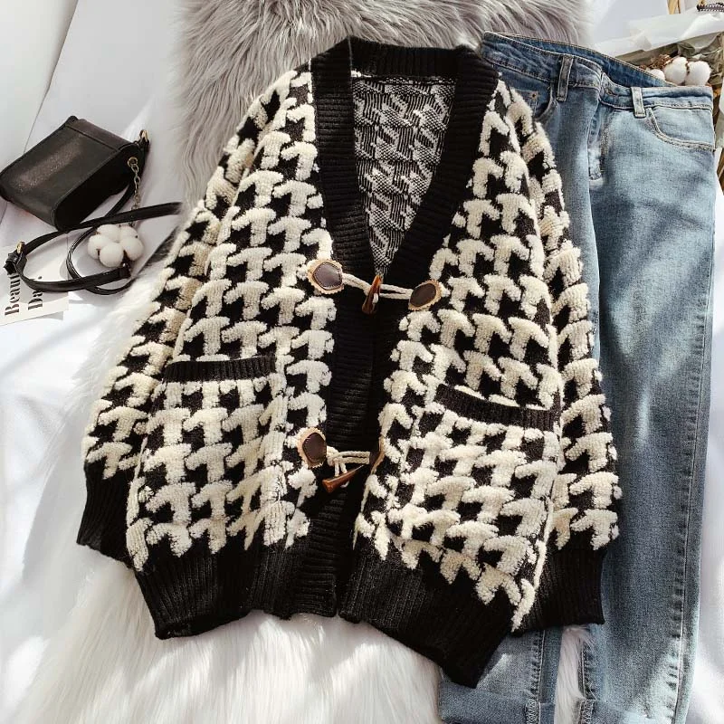 Sports Yoga Style Thousand bird lattice ox horn buckle sweater coat female  4925