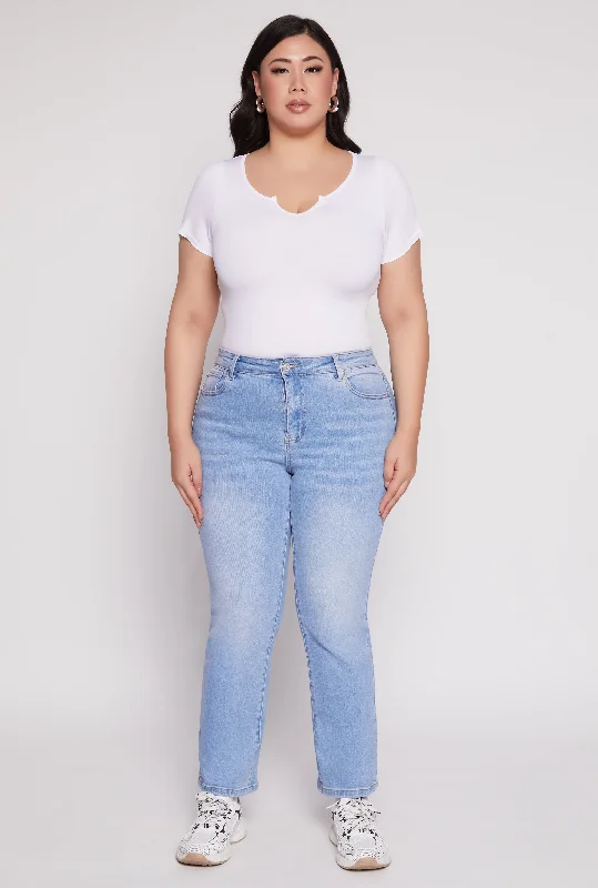 Hip-hop Style Plus Size WAX Frayed Detail Straight Leg Jeans
