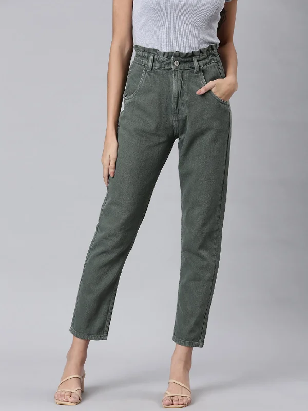 Retro Lace Fabric Women Olive Solid Regular Fit Denim Jeans