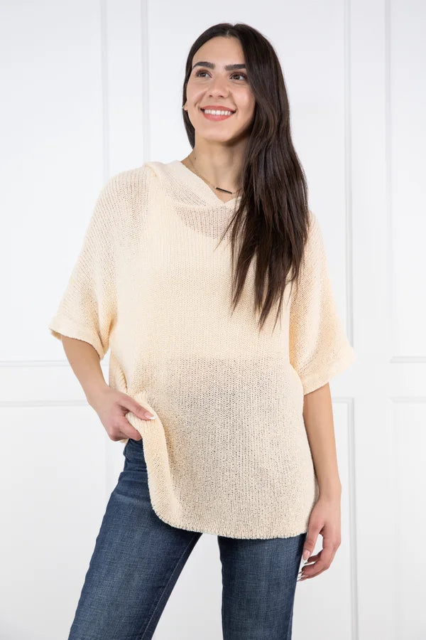 End Of The Year Driftwood Daydreams Women's Hooded Short Sleeve Sweater