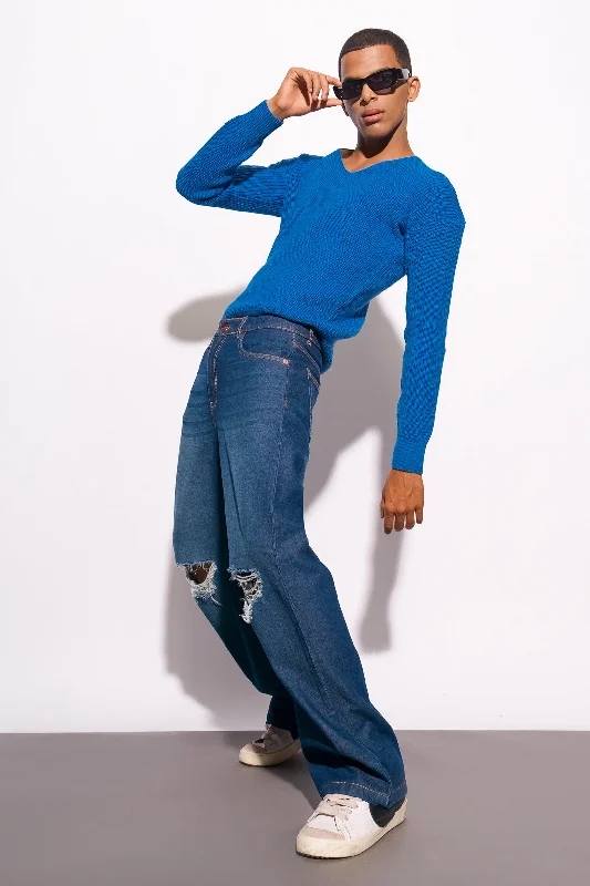 High Street Style Men's Midnight Blue Distress Wide Jeans