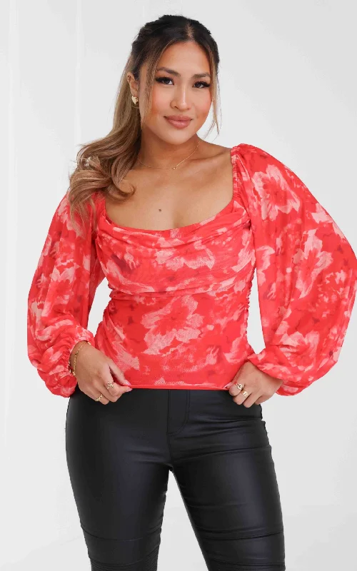 Soft Layers Terrace Mesh Top - Red Floral